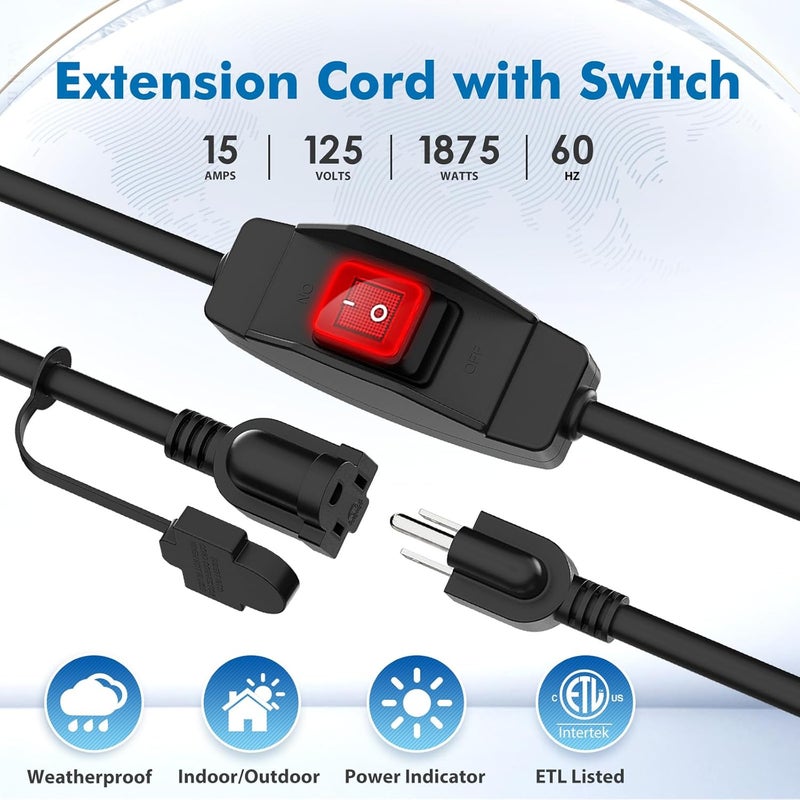 كابل تمديد KASONIC بطول 1.5 قدم مزود بمفتاح، قطر السلك 14/3 AWG، قدرة تصل إلى 1875 واط/15 أمبير، منافذ مأمونة مع ثلاثة أطراف، مع غطاء أمان، مفتاح مقاوم للماء لتشغيل وإيقاف التيار الكهربائي، معتمد وفقًا لمعايير ETL. - Image 2