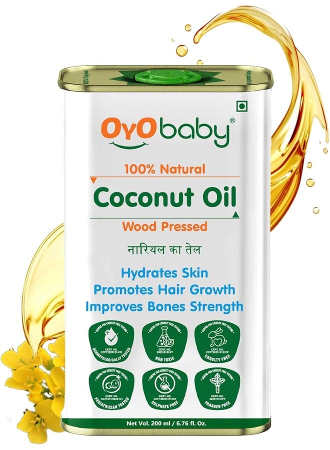 أيو بيبي زيت تدليك OYO BABY 100% زيت جوز الهند نقي وطبيعي 200 مل | نمو بدني أسرع لعظام وعضلات أقوى | زيت الشعر المضغوط بالخشب - Image 1