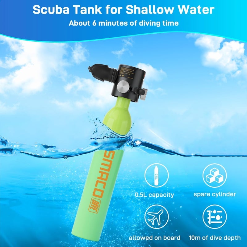 SMACO S300 Plus Mini Scuba Tank 0.5L - Reusable Portable Diving Tank & Emergency Pony Bottle up to 10-Minute Air Supply Underwater Breathing Device Freediving DOT-Certified Air Cylinder - Image 1