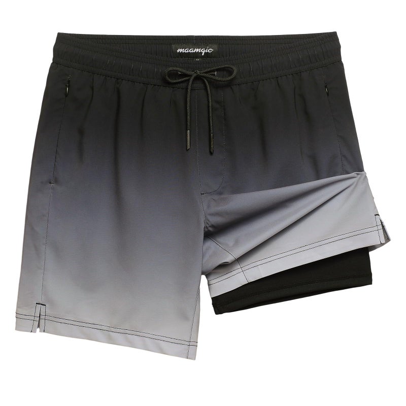 maamgic 2 in 1 Mens Swim Trunks 7 Inch Swim Shorts Swim Suits Board Shorts Gray Gradient Black L - Image 1