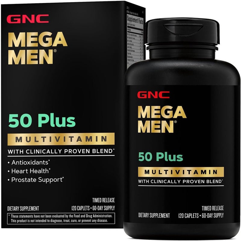 GNC Mega Men 50 Plus Multivitamin Caplets Clinically Proven Heart  Prostate Health B Vitamins Saw Palmetto Memory Vitamin D3 120 count - Image 1