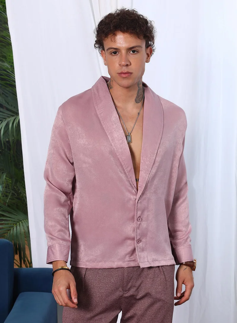 Campus Sutra Men's Flamingo Pink Shawl Collar Shirt