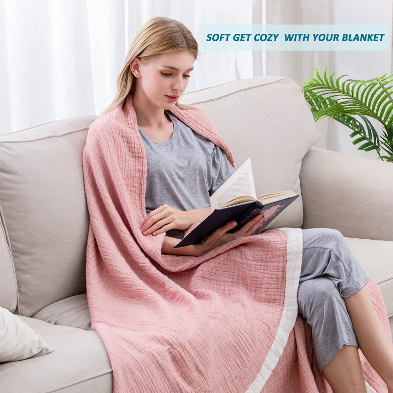 SE SOFTEXLY Muslin Cotton Blanket  4-Layer Soft Muslin Throw Blanket for Couch Bed  Breathable Gauze Blanket for All Season  Lightweight Twin Blankets for Adults Blanket(60""x80""  Coral Pink) - Image 5