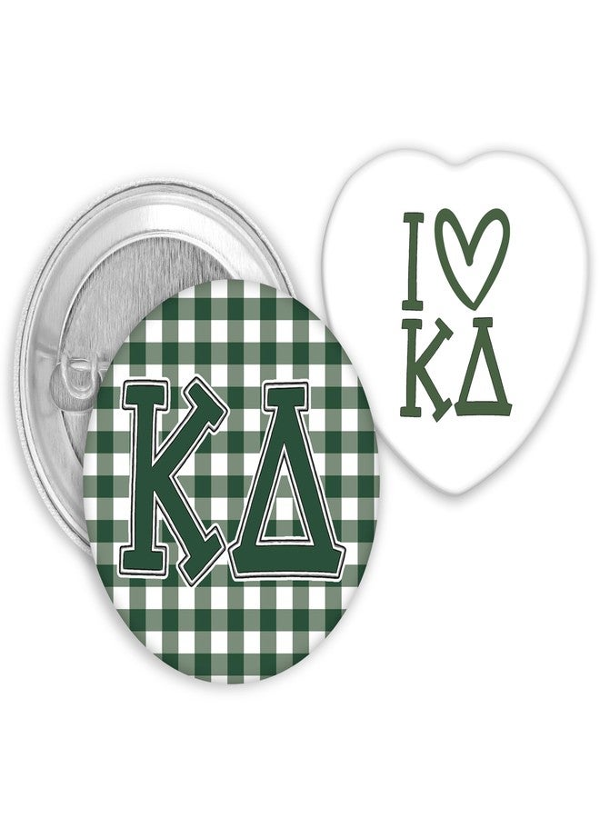 SCRAPHEART Kappa Delta Button Pin Set, Green Gingham KD Pin & I Love KD Heart Pin, 2-Piece Sorority Button Bundle for Game Day, Bid Day, Recruitment & Big Little Gifts, Kappa Delta Gifts - Image 1