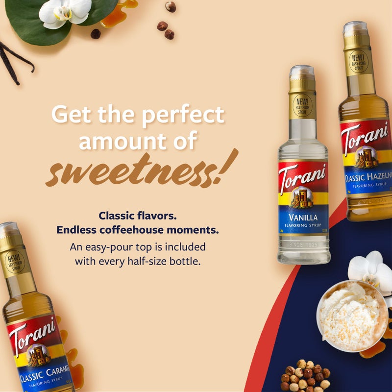 Torani Coffee Syrup, Vanilla, Caramel, and Classic Hazelnut Variety 3-Pack, Flavoring for Drinks, New Easy-Pour Spouts Included, Half-Size Bottles, 12.7 Fl Oz Ea - Image 3