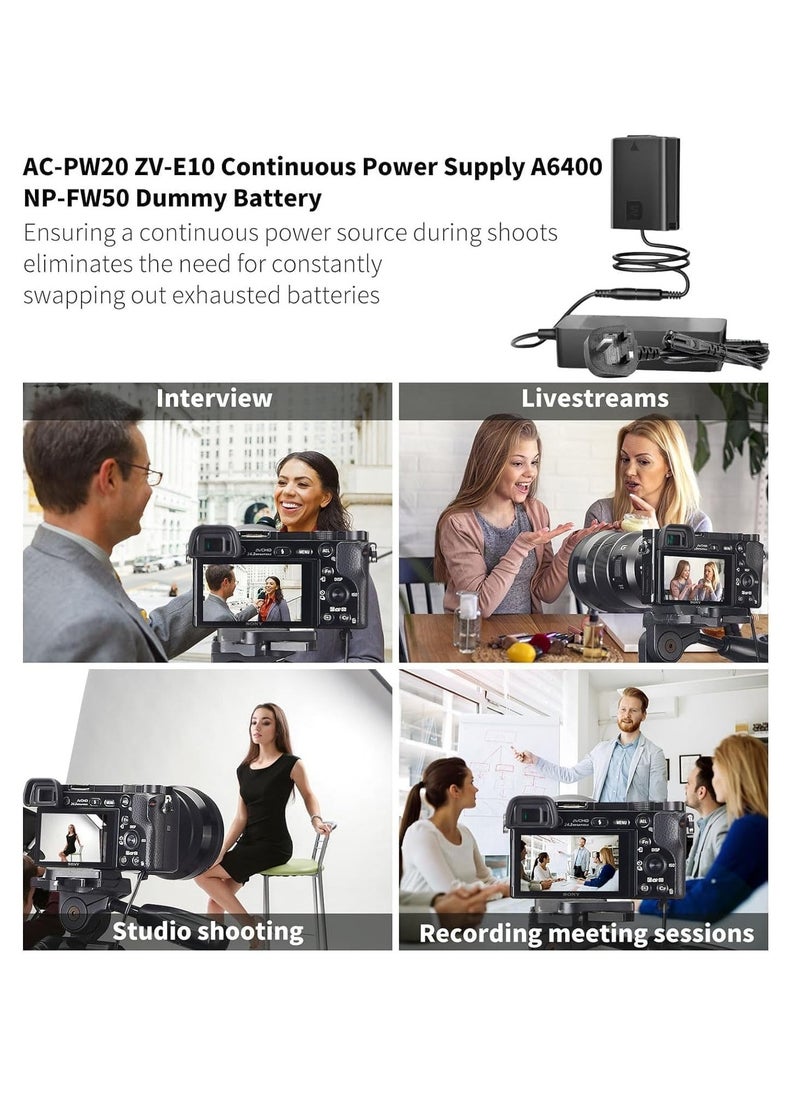 JAJEEK - AC PW20 Power Supply Adapter & NP-FW50 Dummy Battery Kit for Sony Alpha Cameras – Compatible with A6500, A6400, A6300, A6100, A6000, A5100, A7 Series, RX10, ZV-E10 – Continuous Power for Photography and Videography - Image 1