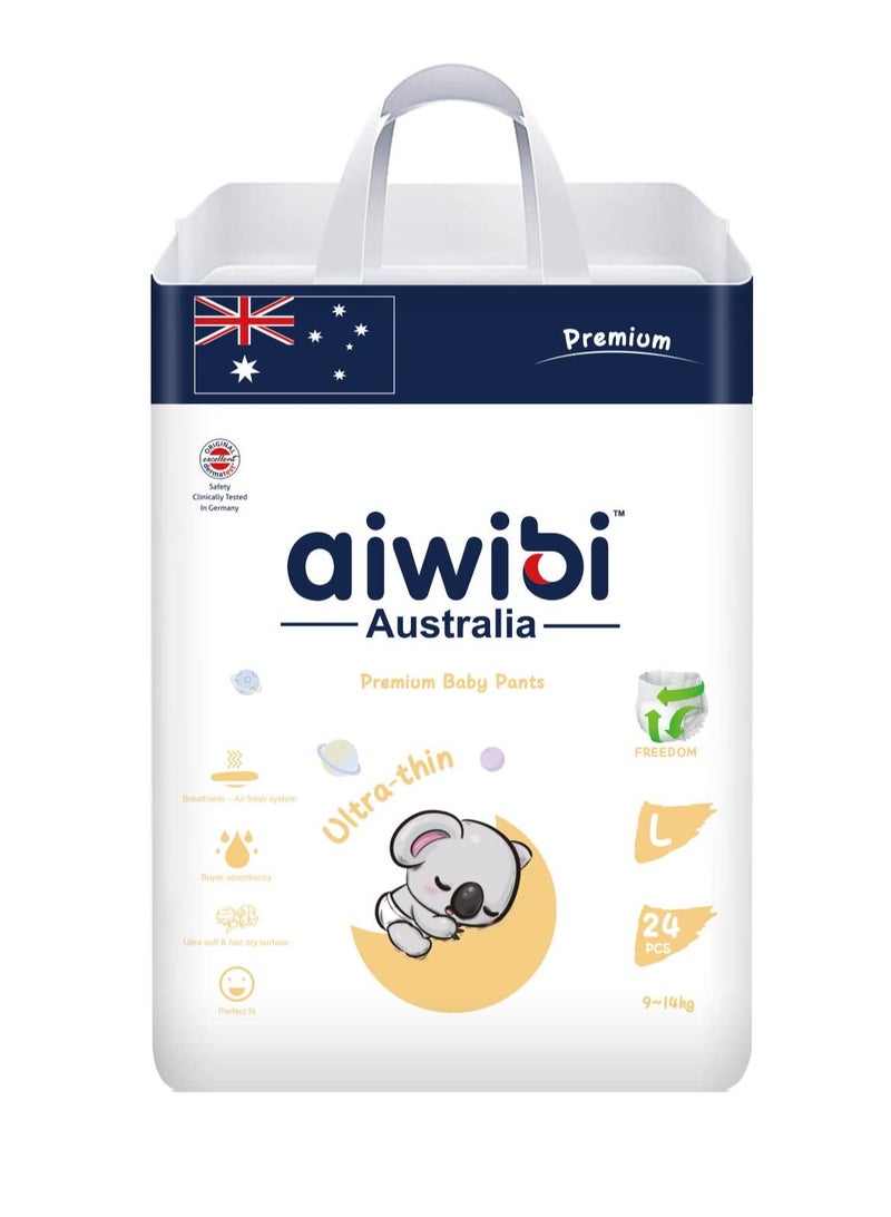 aiwibi Ultra-Thin Premium Baby Pants Diaper- Size (4) Large 24 Pcs (9-24kg) Super Soft and Ultra Thin ,Anti-irritation Pants Baby Nappy Pants, Super Absorption, 360 Stretchy Waistband - Image 1
