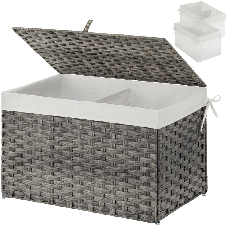 Greenstell GREENSTELL Storage Basket with Lid 277 Gallon105L Lagre Wicker Blanket Storage Basket with Handles Foldable 2 Removable Liner Bags Metal Frame for Bedroom Laundry Room Grey 