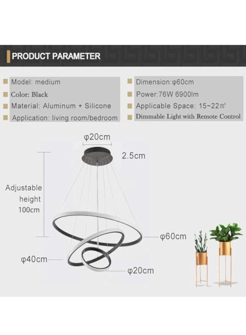 Arabest ثريا LED حديثة مع جهاز تحكم عن بعد، ثريا LED معتمة مع 3 حلقات قابلة للتعديل لتعليقها في السقف لغرفة المعيشة أو غرفة الطعام أو المدخل (أسود) - Image 4
