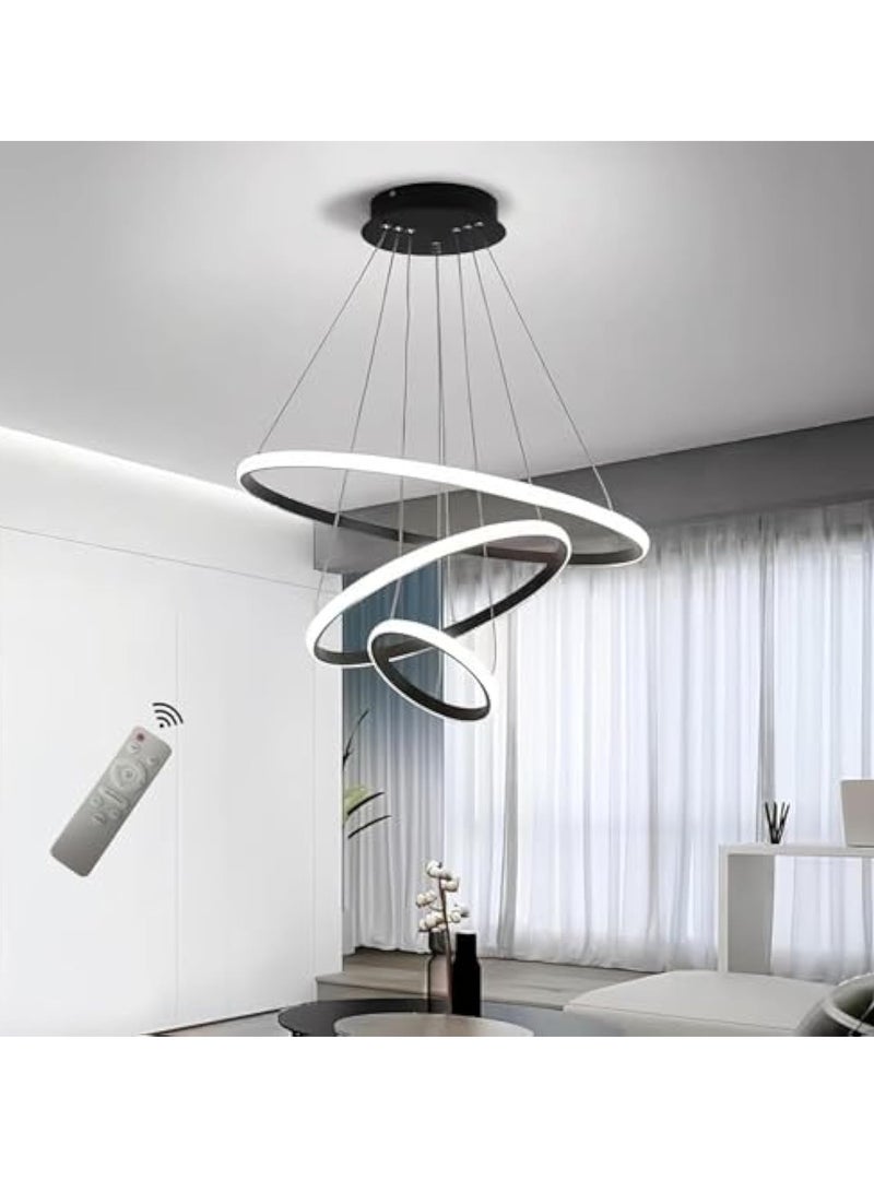 Arabest ثريا LED حديثة مع جهاز تحكم عن بعد، ثريا LED معتمة مع 3 حلقات قابلة للتعديل لتعليقها في السقف لغرفة المعيشة أو غرفة الطعام أو المدخل (أسود) - Image 1