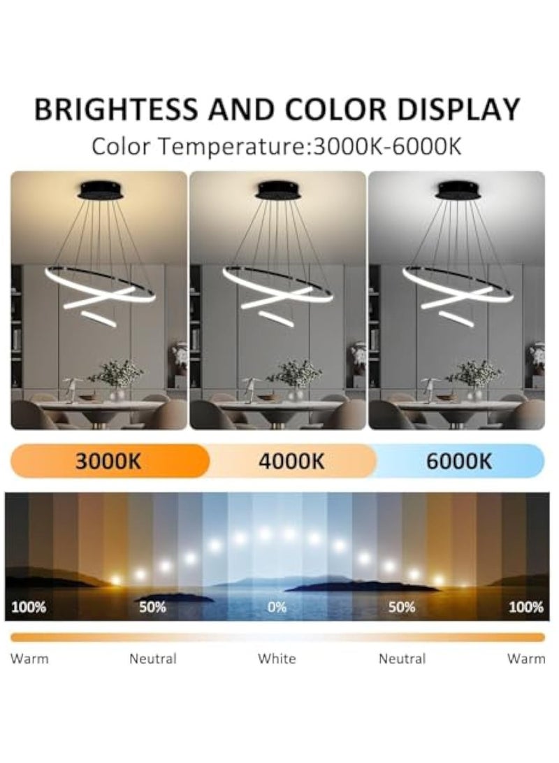 Arabest ثريا LED حديثة مع جهاز تحكم عن بعد، ثريا LED معتمة مع 3 حلقات قابلة للتعديل لتعليقها في السقف لغرفة المعيشة أو غرفة الطعام أو المدخل (أسود) - Image 3