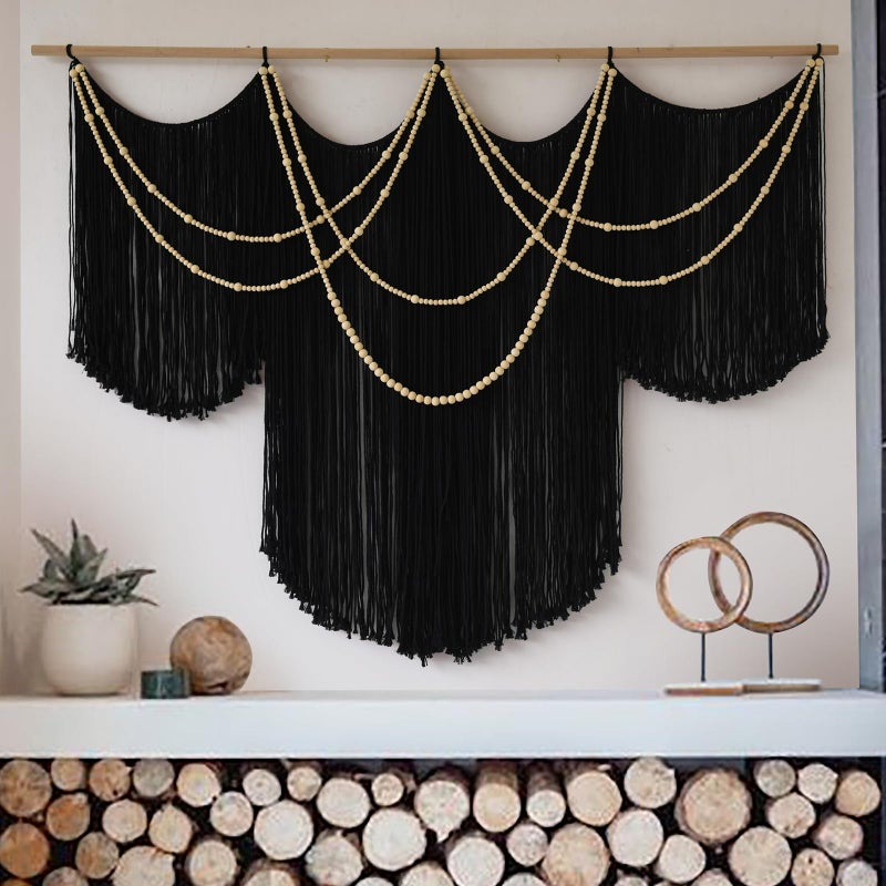 Flber Macrame Wall Hanging Black Yarn Tapestry Home Decor Large Fiber Wall Art Living Room Bedroom Home Wall Decor 57" W x 43" L - Image 1