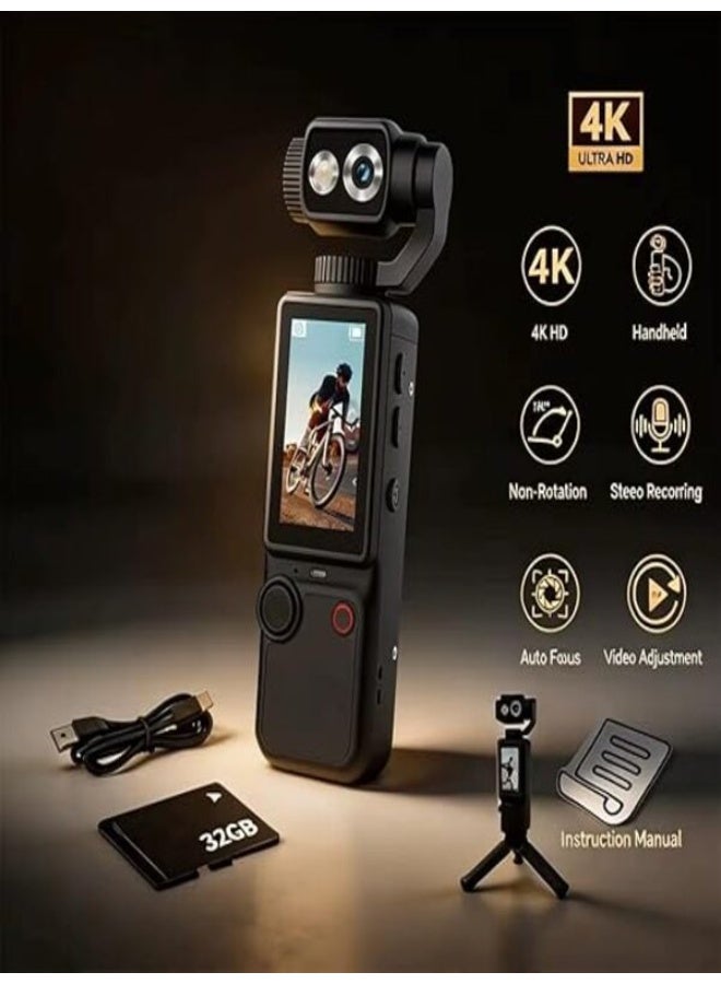 كاميرا  المحمولة باليد بدقة 4K والمزودة بمثبت (Gimbal) وعدسة دوارة - كاميرا صغيرة محمولة في الجيب ومزودة بشاشة، مثالية لتسجيل مدونات الفيديو (Vlogs) وأثناء السفر! - Image 5