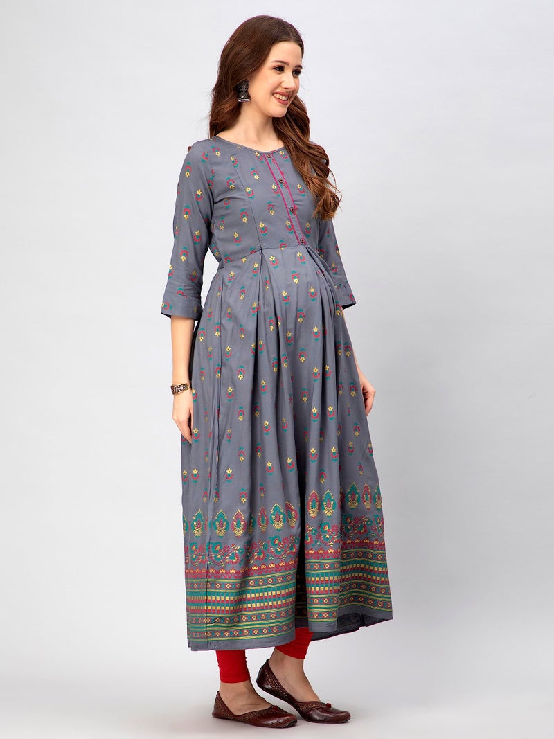 CEE 18 Cotton Rayon A-Line Flaired Maternity Feeding Kurti for Women with Zippers | Maternity Dress in Breathable Fabric for Pre and Post Pregnancy & Nursing for Mom (Medium, Grey) - Image 3
