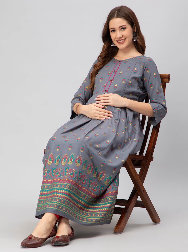 CEE 18 Cotton Rayon A-Line Flaired Maternity Feeding Kurti for Women with Zippers | Maternity Dress in Breathable Fabric for Pre and Post Pregnancy & Nursing for Mom (Medium, Grey) - Image 4