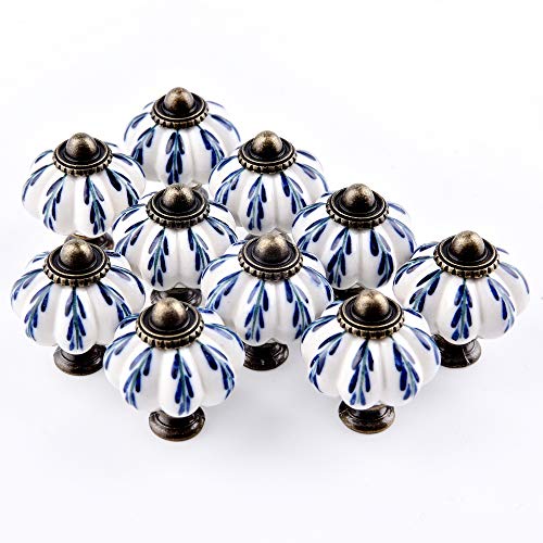 IEIK 10Pcs Pumpkin Ceramic Drawer Knobs, Dresser Knobs Vintage Door Pull Handles Retro Antique Floral Leaf Pattern for Furniture Drawer Dresser Cabinet with Screws (White/Blue) - Image 5