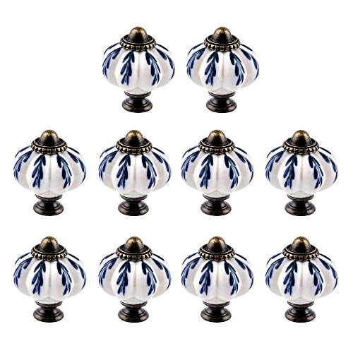 IEIK 10Pcs Pumpkin Ceramic Drawer Knobs, Dresser Knobs Vintage Door Pull Handles Retro Antique Floral Leaf Pattern for Furniture Drawer Dresser Cabinet with Screws (White/Blue) - Image 1