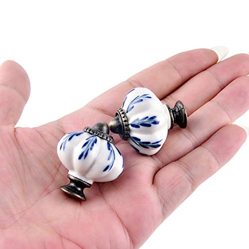 IEIK 10Pcs Pumpkin Ceramic Drawer Knobs, Dresser Knobs Vintage Door Pull Handles Retro Antique Floral Leaf Pattern for Furniture Drawer Dresser Cabinet with Screws (White/Blue) - Image 3