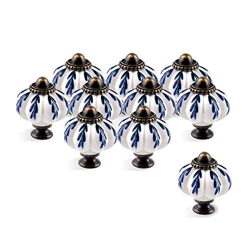 IEIK 10Pcs Pumpkin Ceramic Drawer Knobs, Dresser Knobs Vintage Door Pull Handles Retro Antique Floral Leaf Pattern for Furniture Drawer Dresser Cabinet with Screws (White/Blue) - Image 2