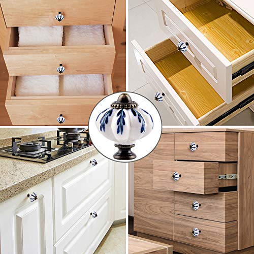 IEIK 10Pcs Pumpkin Ceramic Drawer Knobs, Dresser Knobs Vintage Door Pull Handles Retro Antique Floral Leaf Pattern for Furniture Drawer Dresser Cabinet with Screws (White/Blue) - Image 4