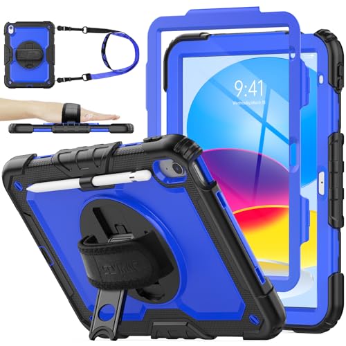 SEYMAC stock Case for iPad (A16) 11th/10th Generation 11''/10.9'' 2025/2022, Full-Body Drop Protection Case with Screen Protector &360° Rotate Hand Strap/Stand, Blue+Black - Image 1