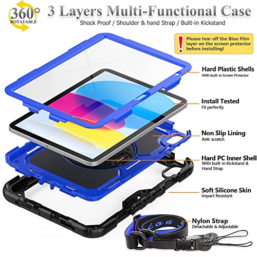 SEYMAC stock Case for iPad (A16) 11th/10th Generation 11''/10.9'' 2025/2022, Full-Body Drop Protection Case with Screen Protector &360° Rotate Hand Strap/Stand, Blue+Black - Image 5