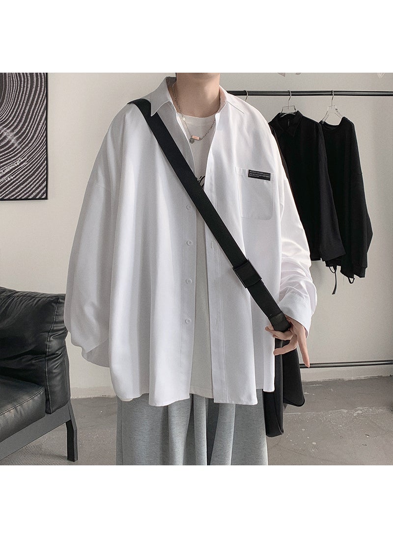 Generic - Long Sleeve Mens Shirt Hong Kong Style Loose Fit Fashionable Spring Autumn Korean Version Casual Shirt Outerwear Top White - Image 1