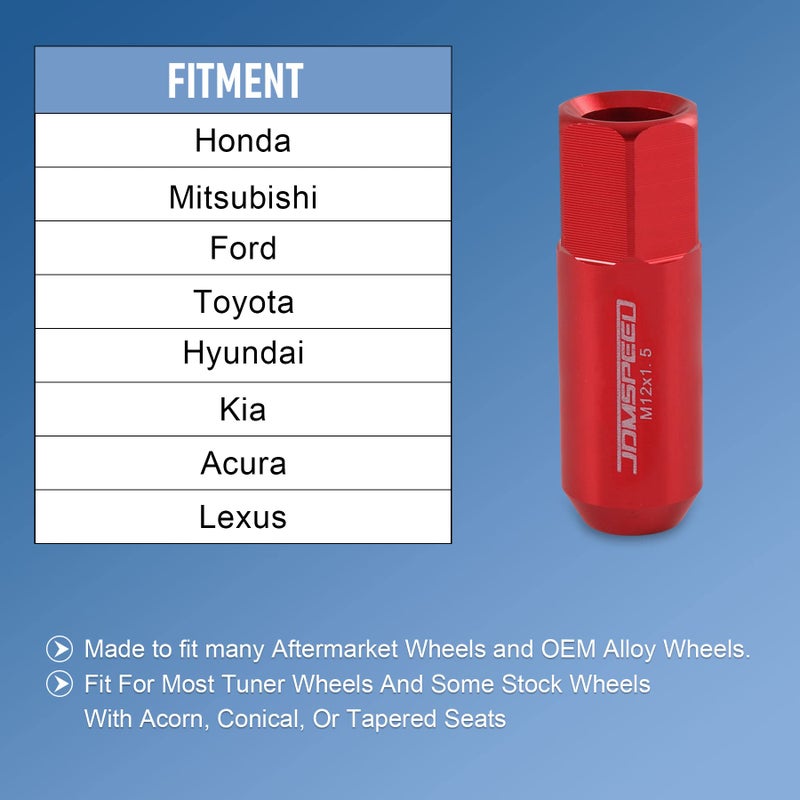 JDMSPEED Red 60MM Aluminum Extended Tuner Lug Nuts Replacement for Wheel Rims M12X1.5 20PCS - Image 2