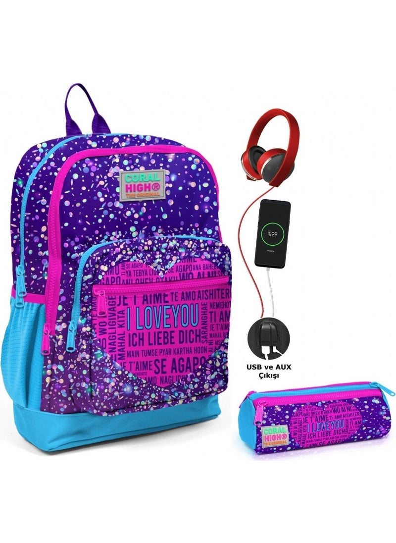 CORAL HIGH Purple Blue Heart USB Socket School Bag and Pencil Case Set - Girl  - Image 1