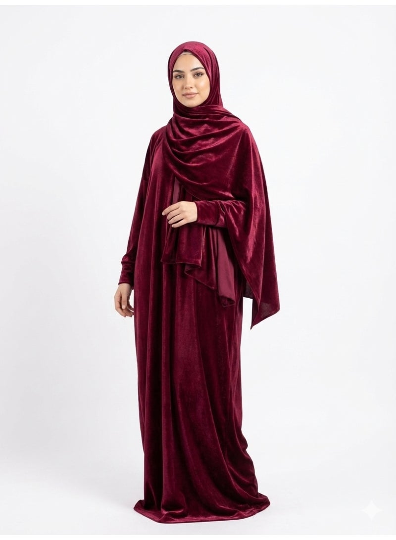 Luxury Women's Velvet Prayer Dress Set (Isdal), Loose Jalabiya Style with Attached Wrap-Around Hijab - Rich Maroon / Burgundy Color - Image 1