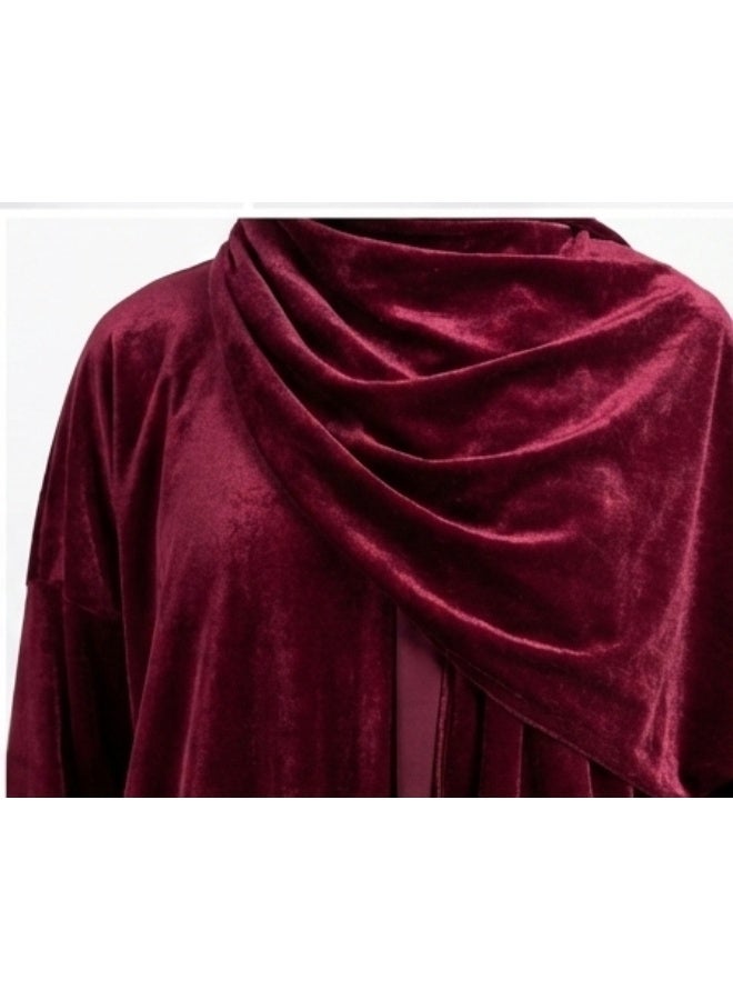 Luxury Women's Velvet Prayer Dress Set (Isdal), Loose Jalabiya Style with Attached Wrap-Around Hijab - Rich Maroon / Burgundy Color - Image 3