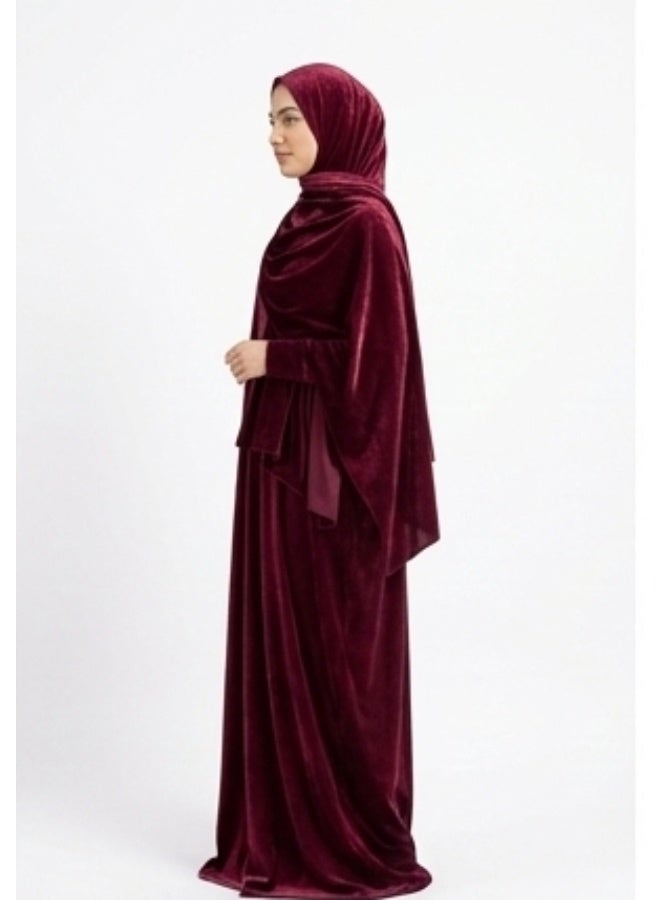 Luxury Women's Velvet Prayer Dress Set (Isdal), Loose Jalabiya Style with Attached Wrap-Around Hijab - Rich Maroon / Burgundy Color - Image 5
