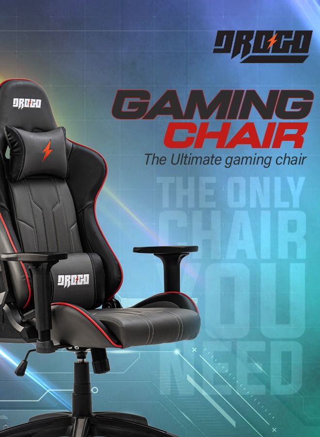 DROGO DROGO Ergonomic Gaming Chair with Adjustable Seat Height PU Leather Material 3D Armrest Video Game Chair with Head & Lumbar Support Pillow Desk Chair Home & Office Chair with Recline Grey  - Image 3