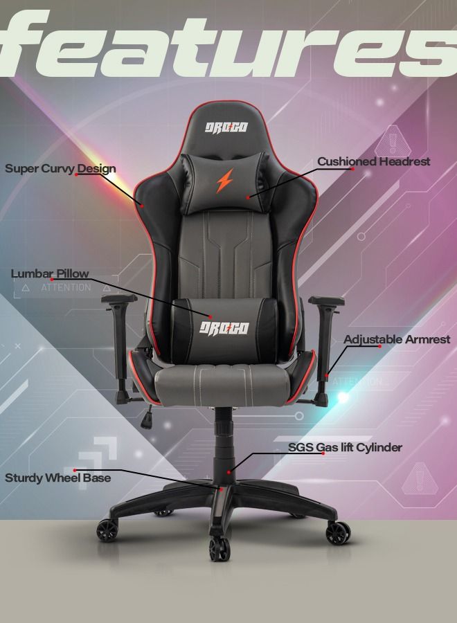 DROGO DROGO Ergonomic Gaming Chair with Adjustable Seat Height PU Leather Material 3D Armrest Video Game Chair with Head & Lumbar Support Pillow Desk Chair Home & Office Chair with Recline Grey  - Image 4