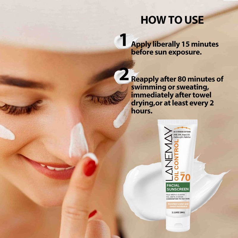 LANEMAY Oil-Control Facial Protective Cream SPF70, 60g, Waterproof & Sweat-Resistant for Combination Skin - Image 4