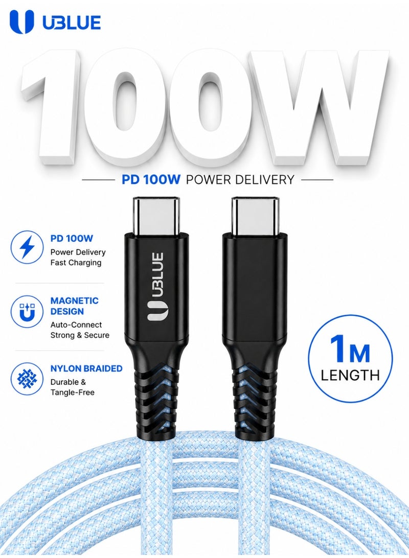 يوبلو كابل يو بي إل يو المغناطيسي من نوع USB-C إلى USB-C، شحن سريع بقوة 100 واط كحد أقصى، نقل بيانات بسرعة 480 ميجابت في الثانية، كابل مضفر من النايلون، طوله 1 متر، لونه أزرق، متوافق مع أجهزة آيفون 15/16/17 برو ماكس، وآيباد ميني 7، وماك بوك برو، وآيباد، وسامسونج S25 ألترا/S24/23 - Image 1