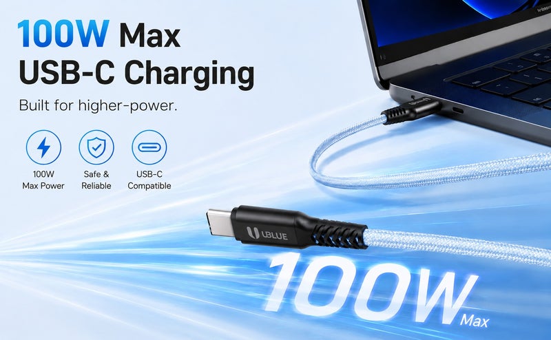 يوبلو كابل يو بي إل يو المغناطيسي من نوع USB-C إلى USB-C، شحن سريع بقوة 100 واط كحد أقصى، نقل بيانات بسرعة 480 ميجابت في الثانية، كابل مضفر من النايلون، طوله 1 متر، لونه أزرق، متوافق مع أجهزة آيفون 15/16/17 برو ماكس، وآيباد ميني 7، وماك بوك برو، وآيباد، وسامسونج S25 ألترا/S24/23 - Image 2