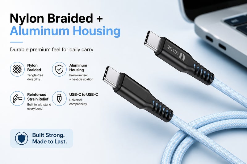 يوبلو كابل يو بي إل يو المغناطيسي من نوع USB-C إلى USB-C، شحن سريع بقوة 100 واط كحد أقصى، نقل بيانات بسرعة 480 ميجابت في الثانية، كابل مضفر من النايلون، طوله 1 متر، لونه أزرق، متوافق مع أجهزة آيفون 15/16/17 برو ماكس، وآيباد ميني 7، وماك بوك برو، وآيباد، وسامسونج S25 ألترا/S24/23 - Image 4