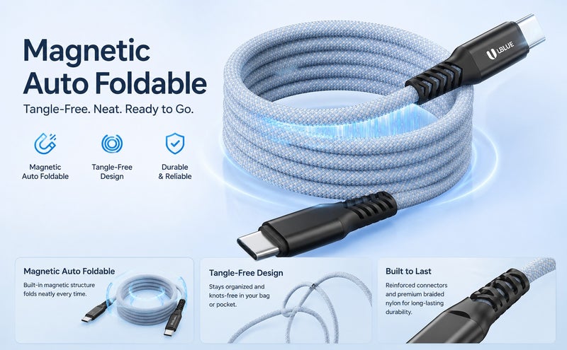 يوبلو كابل يو بي إل يو المغناطيسي من نوع USB-C إلى USB-C، شحن سريع بقوة 100 واط كحد أقصى، نقل بيانات بسرعة 480 ميجابت في الثانية، كابل مضفر من النايلون، طوله 1 متر، لونه أزرق، متوافق مع أجهزة آيفون 15/16/17 برو ماكس، وآيباد ميني 7، وماك بوك برو، وآيباد، وسامسونج S25 ألترا/S24/23 - Image 5