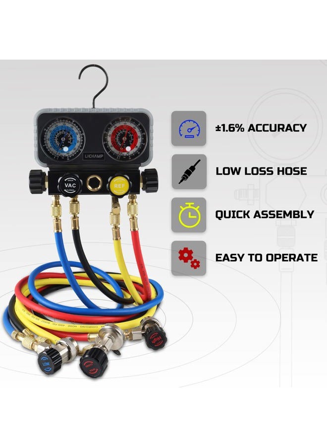 Lichamp HVAC R410A Manifold Gauge Set AC R134A, Freon R22 R32 410A 134A Diagnostic Manifold Gauge with Hose Kit Air Conditioner Refrigerant Recharge Kit - Image 3