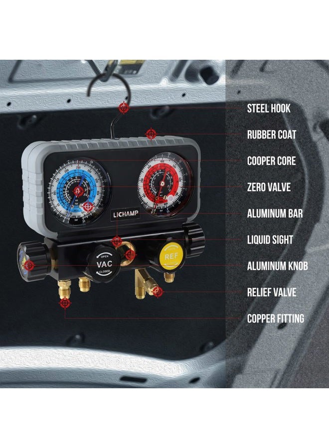 Lichamp HVAC R410A Manifold Gauge Set AC R134A, Freon R22 R32 410A 134A Diagnostic Manifold Gauge with Hose Kit Air Conditioner Refrigerant Recharge Kit - Image 4