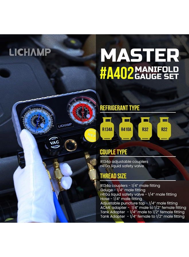 Lichamp HVAC R410A Manifold Gauge Set AC R134A, Freon R22 R32 410A 134A Diagnostic Manifold Gauge with Hose Kit Air Conditioner Refrigerant Recharge Kit - Image 2