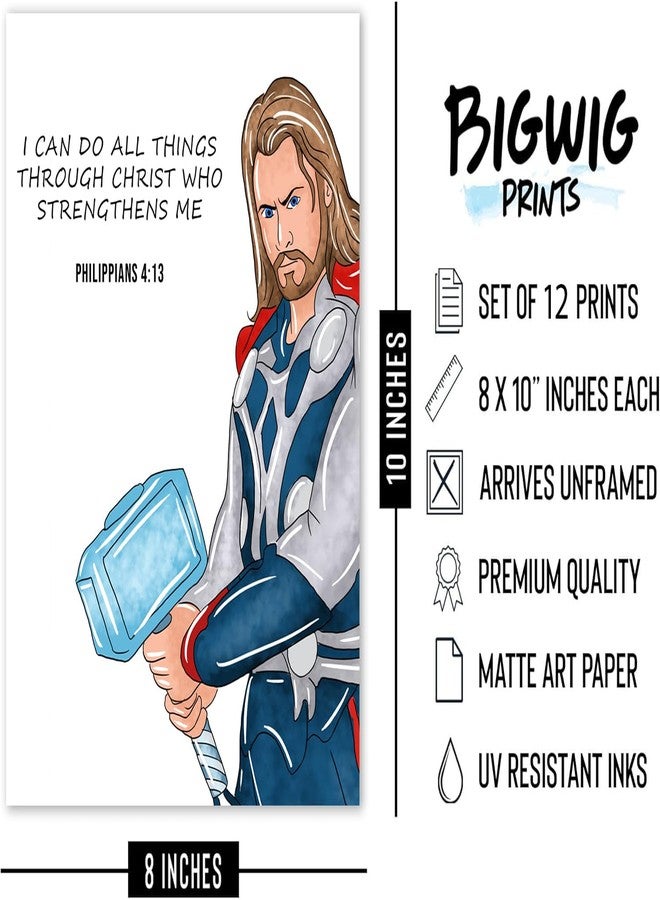 BigWig Prints مطبوعات بيج ويج الفنية الجدارية للأبطال الخارقين المسيحيين - ملصقات الكتاب المقدس للأطفال، فن تأكيد الأبطال الخارقين الديني، هدايا مسيحية لمدارس الأحد للأطفال، ملصقات كنيسة الأطفال - عبوة من 12 قطعة بدون إطار (8 × 10 بوصة) - Image 2