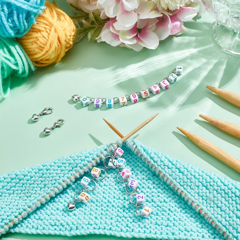 NBEADS 2 Pcs Knitting Row Counter Chains, Cube with Number Acrylic Pendant Row Counting 2 Pcs Heart Alloy Stitch Markers DIY Knitting Tool Sets for Sewing Knitting Crochet Tracking Project Progress - Image 5
