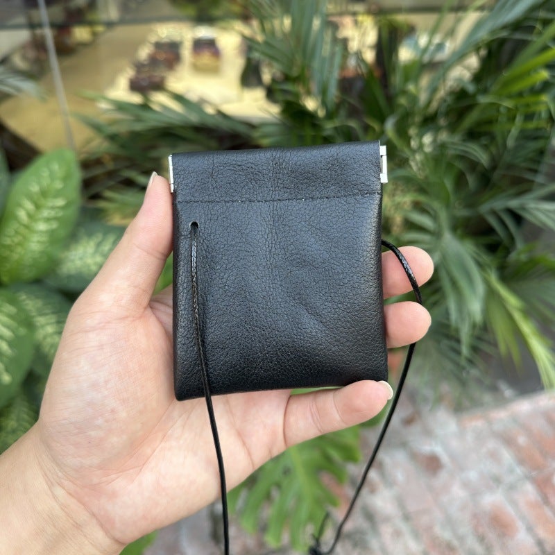 New Mini Genuine Leather Self-Closing Small Storage Bag, First Layer Cowhide Hanging Neck Earphone Coin Storage Bag, Lipstick Bag - Image 2