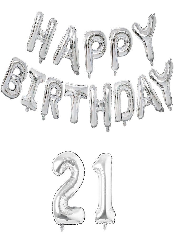 Flyloons 21st Silver Colour Happy Birthday Foil Balloon Set for 21 Year Old Boys Girls Men Women | with Number Twenty-one | 13 Letters Reusable Happy Birthday Metallic Foil Balloons Decoration Kit - Image 1