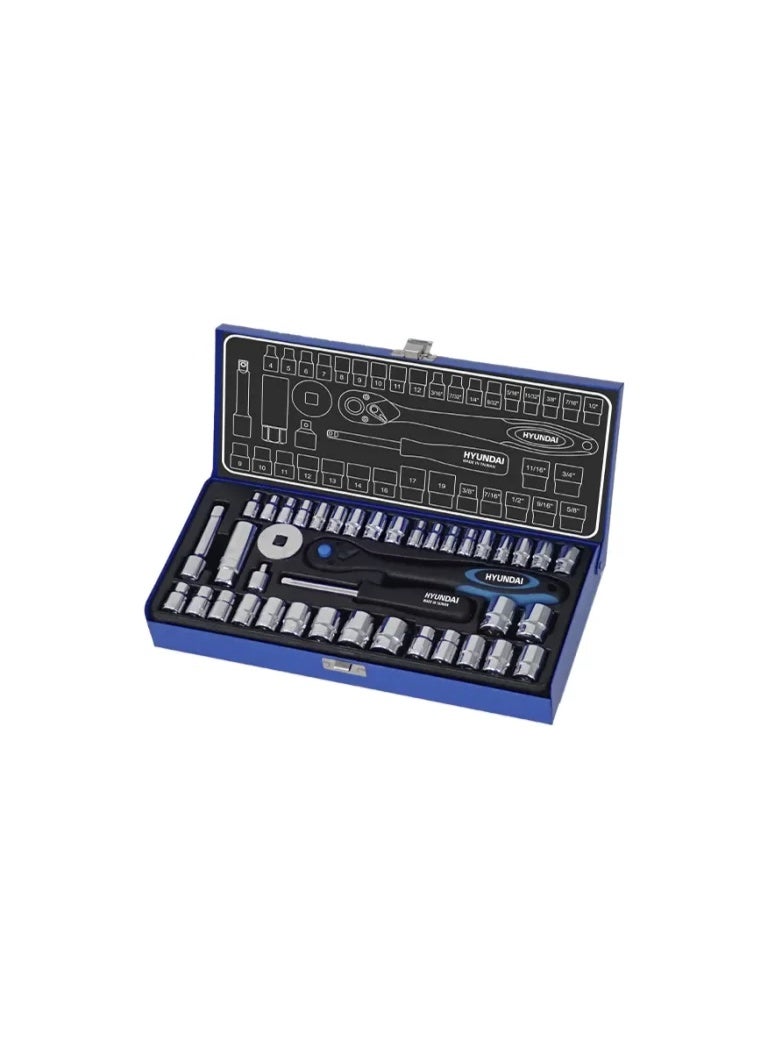 طقم مفاتيح سوكيت هيونداي HT-9140 مكون من 46 قطعة بقياس 1/4 و3/8 بوصة نظام مزدوج مع سوكيتات متري وإنش، سوكيت شمع وطقم أدوات ميكانيكي احترافي