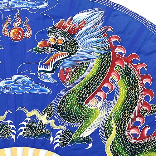 Oriental-Decor مروحة حائط قابلة للطي برسومات التنين يدوية الرسم للديكور الصيني (40 بوصة عرض، تنانين زرقاء) - Image 2