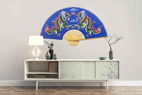 Oriental-Decor مروحة حائط قابلة للطي برسومات التنين يدوية الرسم للديكور الصيني (40 بوصة عرض، تنانين زرقاء) - Image 3