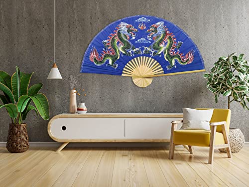 Oriental-Decor مروحة حائط قابلة للطي برسومات التنين يدوية الرسم للديكور الصيني (40 بوصة عرض، تنانين زرقاء) - Image 4